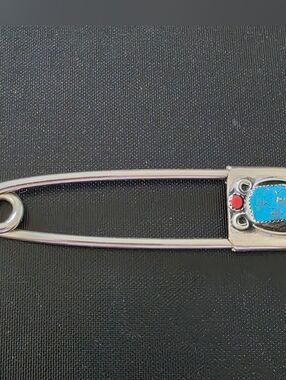 VTG Nickel German Silver  Turquoise & Coral Safety Pin Key Chain Hat Pin 4.25"